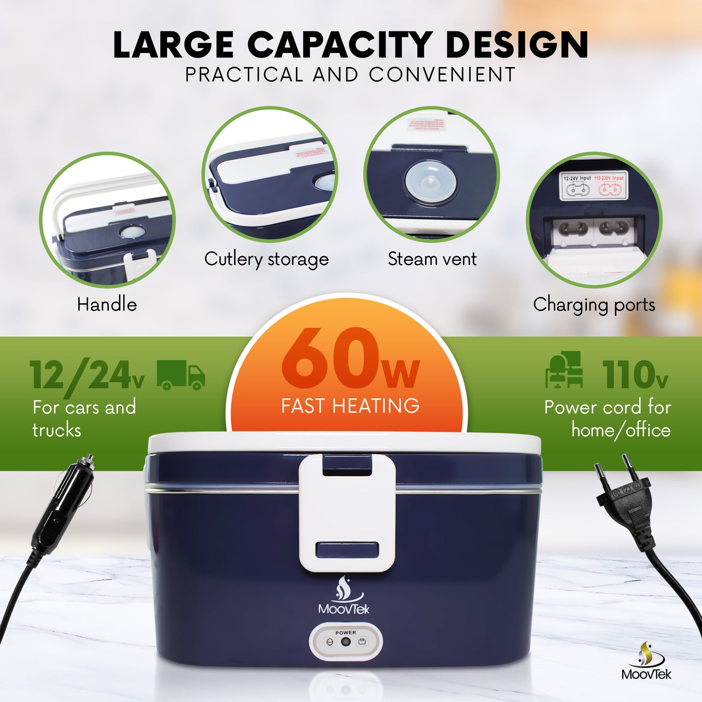 MoovTek Lunch box électrique - Gamelle chauffante 1,8l avec cuve amovible